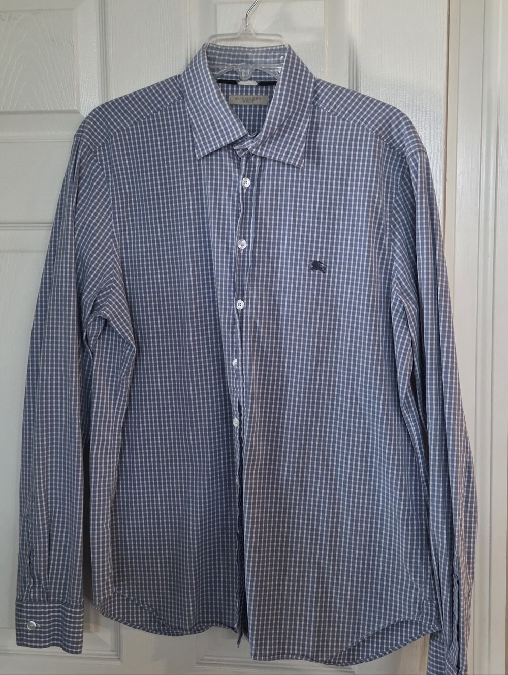 Burberry Brit Mens Gray White Small Checked Button Long Sleeve Shirt XL
